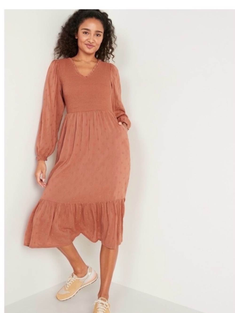 NWT Old Navy Women’s LS Fit & Flare Boho Smocked Tiered Midi Dress Size XL